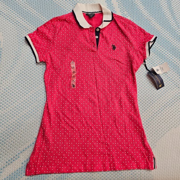 NWT. U.S. Polo Assn. Women's Pink & White Polka Dot Polo Tee in Medium - Picture 1 of 9